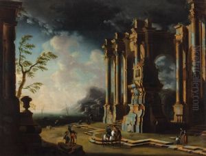 Capriccio Di Rovine Antiche Con Un Edificio Fantastico Presso Una Costa Mediterranea