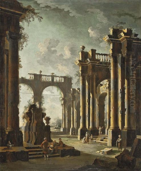 An Architectural Capriccio Of Classical Ruins With Figures Conversing - view 1