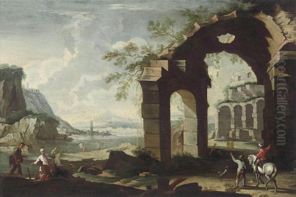 An Architectural Capriccio With Classical Ruins And Figures Conversing On A Shore - view 1