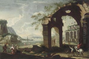 An Architectural Capriccio With Classical Ruins And Figures Conversing On A Shore by Leonardo Coccorant