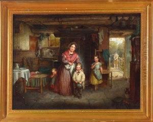 "leaving Home" - A Cottage Interior With A Mother Saying Goodbye Toher Small Sone by Edwin Cockburn