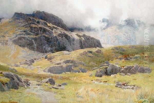 Sheep On A Misty Hillside - view 1