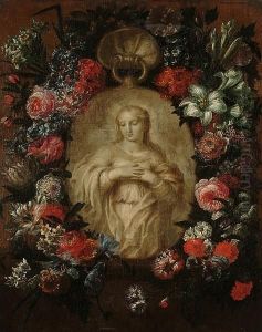 A Garland Of Roses, Peonies, Tulips, Iris And Other Flowers Surrounding A Stone Relief Of The Virgin A Garland Of Roses, Peonies, Tulips, Iris And Other Flowers Surrounding A Stone Relief Of The Virgin