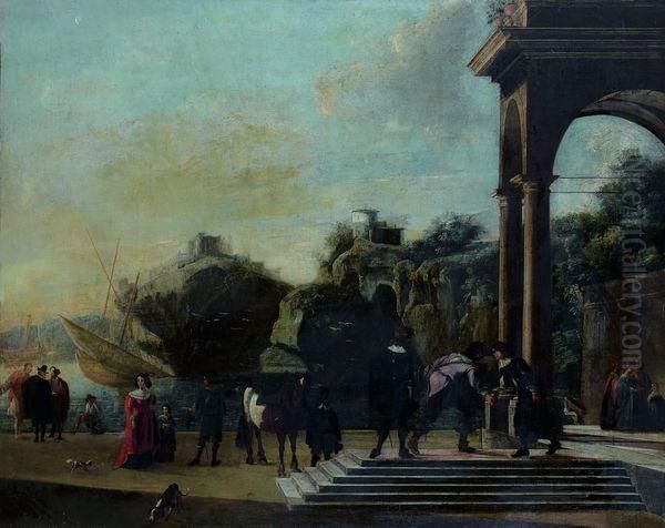 Portique D'un Palais Classique Sur Un Rivage Rocheux Anime De Nombreux Personnages - view 1