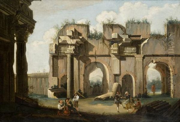 Capriccio Architettonico Con La Basilica Di Massenzio E Figure Di Popolani Che Suonano E Danzano In Primo Piano - view 1