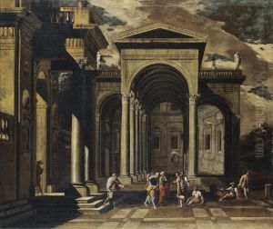 A Capriccio Of The Exterior Of An Elaborate Palace With Saint Peter Healing The Lame