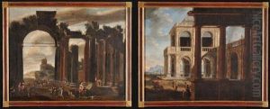 Ruderi Di Un Edificio Di Ordine Tuscanio, Con Un Paesaggio Mediterraneo Sullo Sfondo Ed Il Tempio Di Vesta, Con Astanti Vari.
