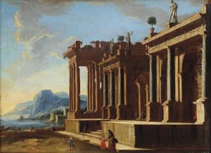 A Capriccio View With A Classical Temple Ruin Along A Mountainouscoast