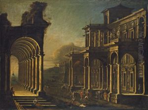 A Capriccio View Of A Coastal City, With A Loggia And Other Classicised Buildings And Saint Peter Healing The Lame by Codazzi Viviano & Gargiulo Domenico