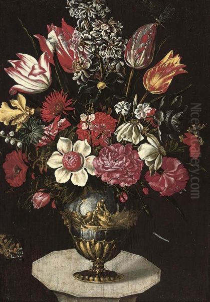 A Stock, Chrysanthemums, Roses, Anemones, Parrot Tulips, And Otherflowers In A Classical Urn On A Plinth, With A Butterfly Anddragonfly - view 1