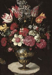 A Stock, Chrysanthemums, Roses, Anemones, Parrot Tulips, And Otherflowers In A Classical Urn On A Plinth, With A Butterfly Anddragonfly