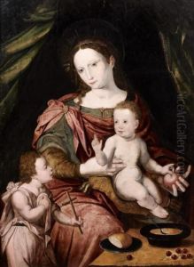 Vierge A L'enfant Aux Cerises Avec Saint Jean-baptiste by Pieter Coecke Van Aelst