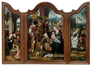 Triptych: Adoration Of The Kings, The Holy Family, The Flight Into Egypt by Pieter Coecke Van Aelst