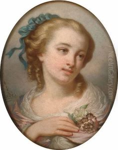 Portrait, Bust Length, Of A Girl Holding Flowers by Louis Eugene Coedes