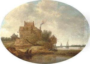A River Landscape With Peasants Fishing Near An Inn by Jan Coelenbier