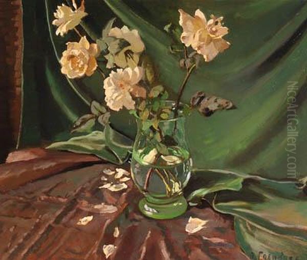 A Still Life With White Roses In A Glass Vase - view 1