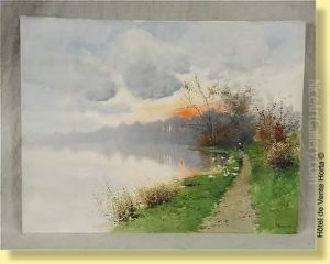 Gardeuse D'oies Au Coucher Du Soleil by Ferdinand Coenraets