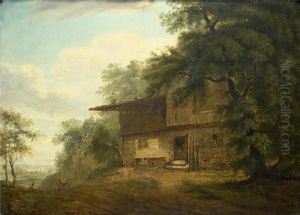 Hutte Am Waldrandmit Blick Auf Dorf In Talsohle by Joseph Cogels