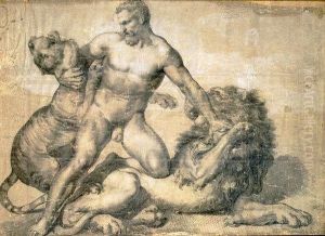 Studio Di Figura Virile Nuda Chelotta Con Una Tigre E Un Leone by Francesco Coghetti