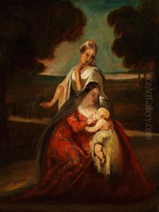 Mutter Mit Kind An Der Brust Mit Dahinterstehender Weiblicher Figur by Leon Cogniet