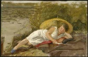 Am Flusufer Liegende Frau Mit Aufgespanntem Schirmund Vor Sich Ein Aufgeschlagenes Buch by Mozes Cohen