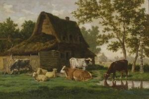 Kuhe Und Schafe Vor Dem Bauernhaus.