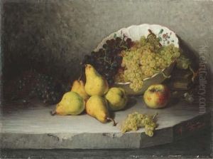 A Bowl Of Grapes With Pears And An Apple On A Stone Ledge by Marie Coignet