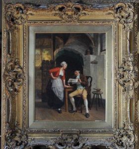 A Tavern Interior With A Serving Girl And An Elderly Gentleman Reading A Newspaper by Jan David Col