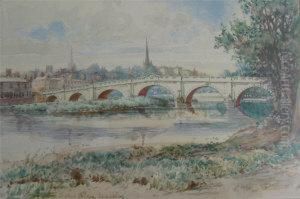 English Bridge Shrewsbury, Landscape With River Bridge And Town Beyond
