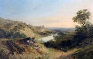 Extensive River Landscape With Figures Hauling Timber On A Track by George Cole, Snr.