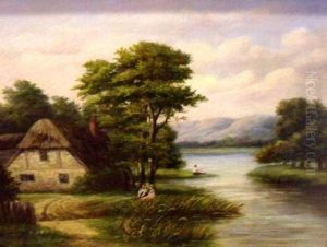 River Landscape With Figures Before A Thatched Cottage
