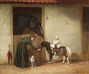 Scene At A Horse Stable. A Mother Leads Her Pony Riding Child To A Box. Oil/canvas/canvas, Signed And With Rest Of Dating "188" by James William Cole