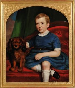 Portrait Of A Boy In Blue Seated Beside His Dog On A Redupholstered Sofa by Joseph Greenleaf Cole