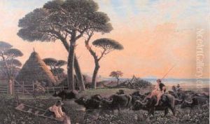 Mandria Di Bufali Con Veduta Del Golfo Del Circeo by Charles Coleman