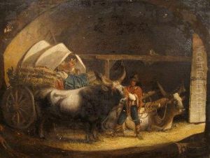 Peasant Figure Preparing Oxon To Draw A Laden Cart With Small Dog ,within A Barn, Watched From A Beam By A Seated Cat And Anowl.