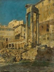 Veduta Del Tempio Del Divo Vespasiano Al Foro Romano Con Visitatori