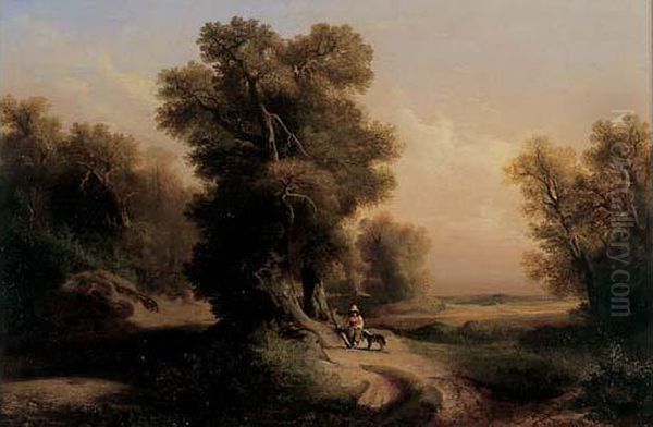 Jeune Chasseur Et Son Chien Sous Un Arbre - view 1