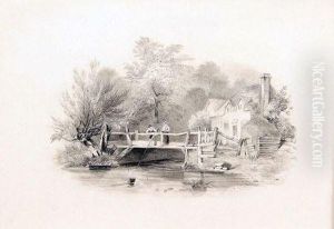 Figures Fishing From A Bridge by Samuel David Colkett