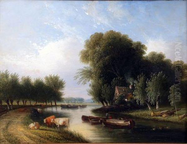Extensive River Landscape With Figures, Boats And Cattle, Cottage Beyond - view 1