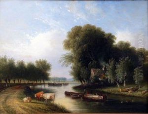 Extensive River Landscape With Figures, Boats And Cattle, Cottage Beyond by Samuel David Colkett