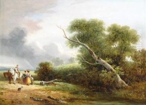 Travellers On A Path In A Wooded Landscape by Samuel David Colkett