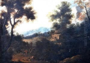 An Italianate Landscape With Drovers, Donkeys And Sheep With A Cottage, Woodland And Mountains In The Distance by Francisco Collantes