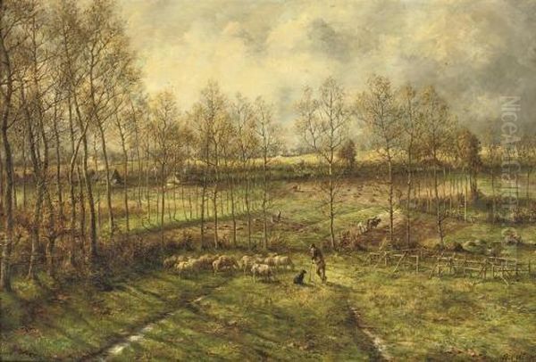 La Campagne En Mars: Sheep Grazing In A Pasture - view 1