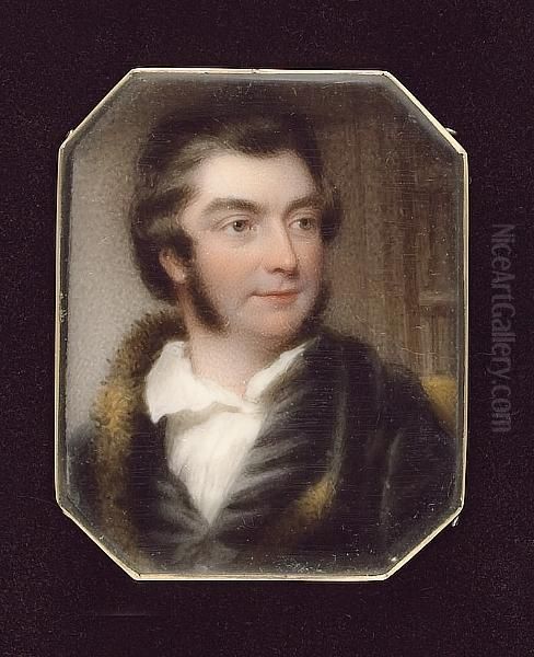 A Gentleman, Wearing Black Coat With Fur-trimmed Collar, Black Waistcoat And White Shirt, Panelled Room Background - view 1