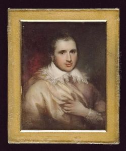 An Actor, Wearing Mauve Doublet, White Van Dyck Collar, Matching Cuff And Cream Cloak Over His Right Shoulder, His Left Hand Raised To His Chest, Crimson Curtain Background by Henry Collen
