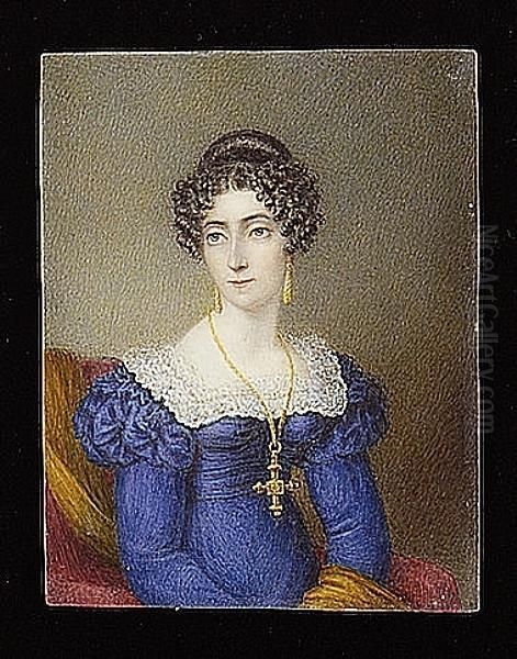 A Lady, Seated, Wearing Blue Dress With White Lace Collar, An Ochre-coloured Shawl Around Her Arm, A Large Gold Crucifix Around Her Neck - view 1