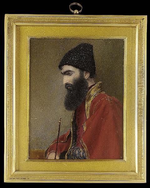 An Ottoman Diplomat, Profile To The Left, Wearing Scarlet Cloak Trimmed With Gold Braid Over Similar Coat And Scarlet Waistcoat, Heavily Embroidered Sash And Black Astraghan Hat, He Holds In His Right Hand A Pipe - view 1