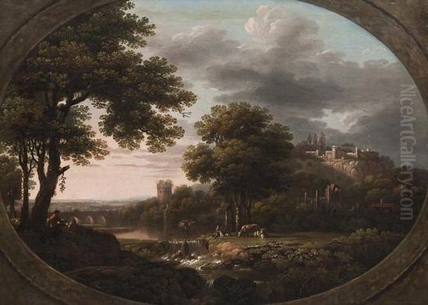 Figures And Animals In A Landscape, A Castle And Abbey Ruins Beyond - view 1