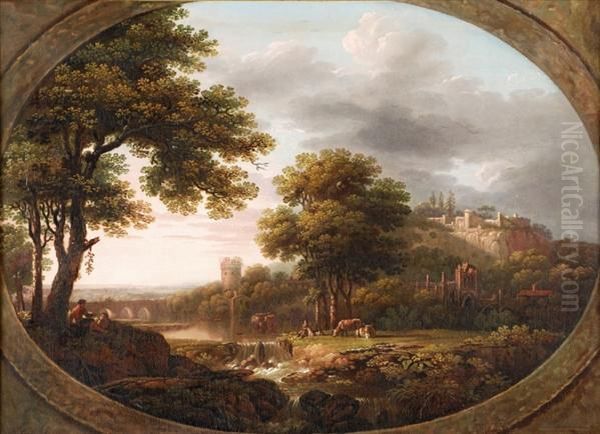 Figures And Animals Ina Landscape With An Castle And Abbey Ruins Beyond, In A Feignedoval - view 1