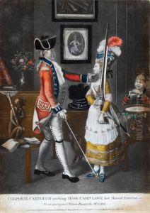 Corporal Cartouche Teaching Miss Camp-love Her Manual Exercise,
 The Straight-backed Corporal Touches The Chin Of His Pretty Young Recruit As She Stands To Attention In A Domestic Interior, A Monkey Holds A Flute To The Left, And A Cheeky Drummer Boy Watc by John Collet
